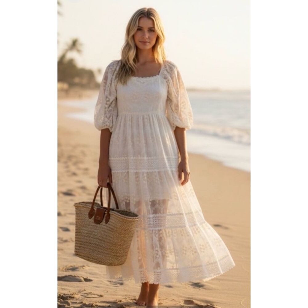 A Collective Story Peasant Boho Tiered Maxi Dress White size Small NWT